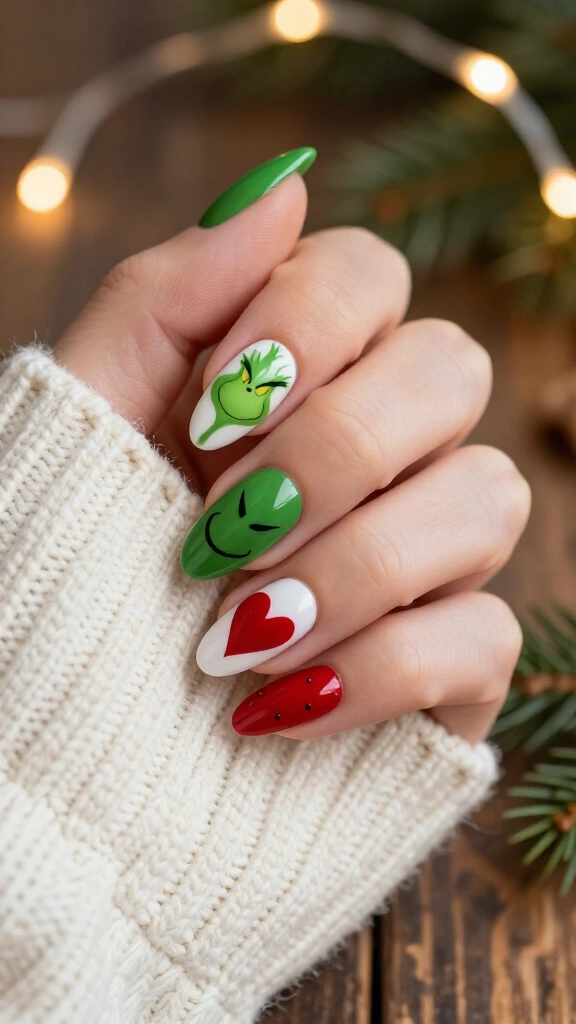 Red heart and Grinch smile nails