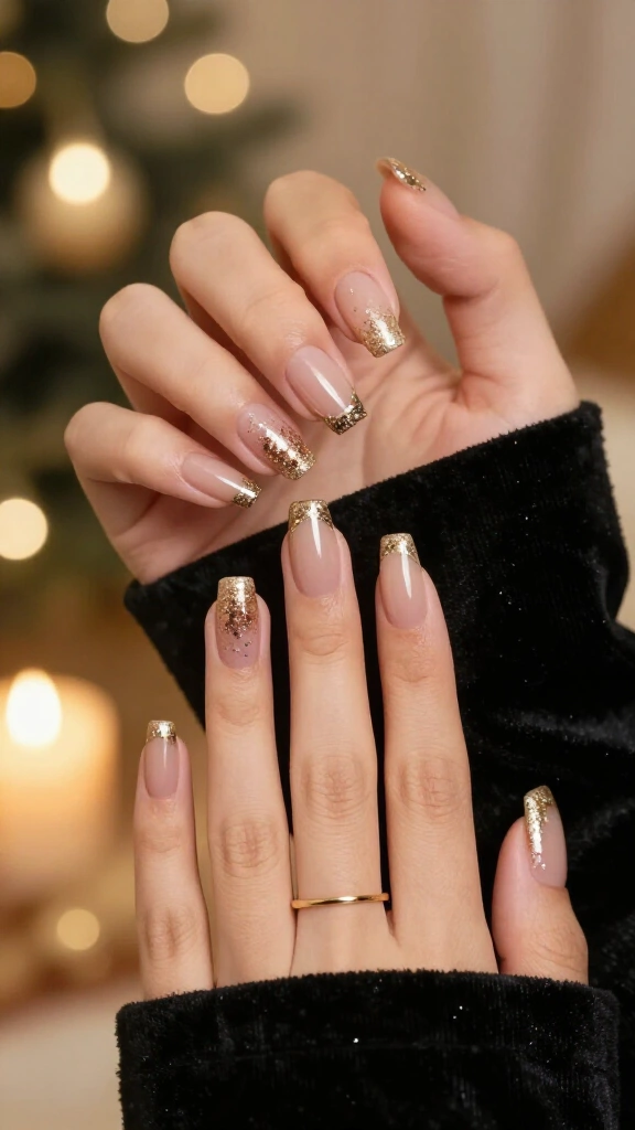 Glittery gold French nails