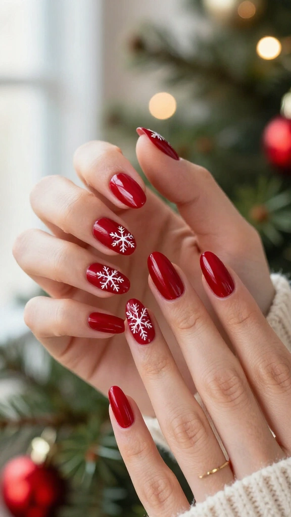 Glossy Cherry Red with Delicate White Snowflakes