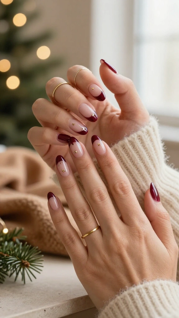 Burgundy French tips with gold stars