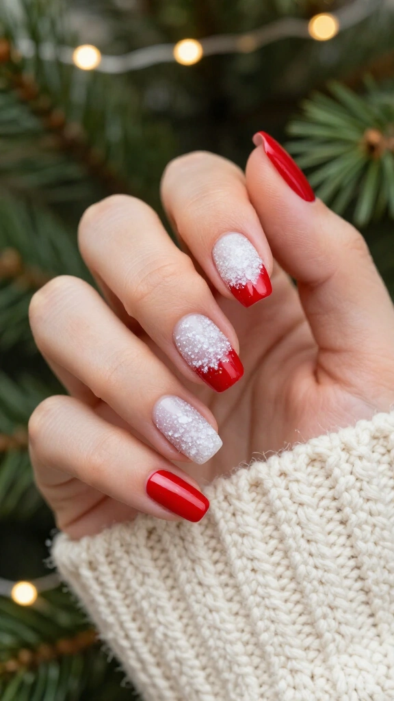 Frosted White Sugar Nails with Crimson Tips
