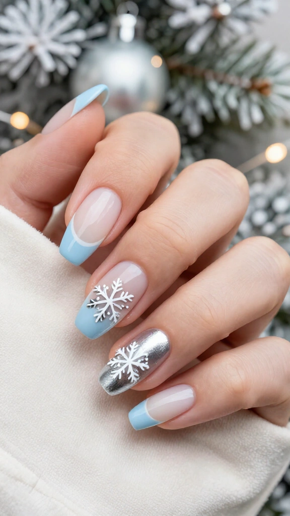 French tips with delicate snowflakes