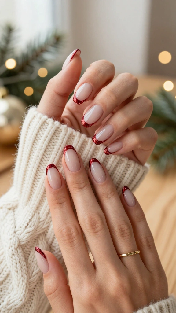 Red glitter outline French nails