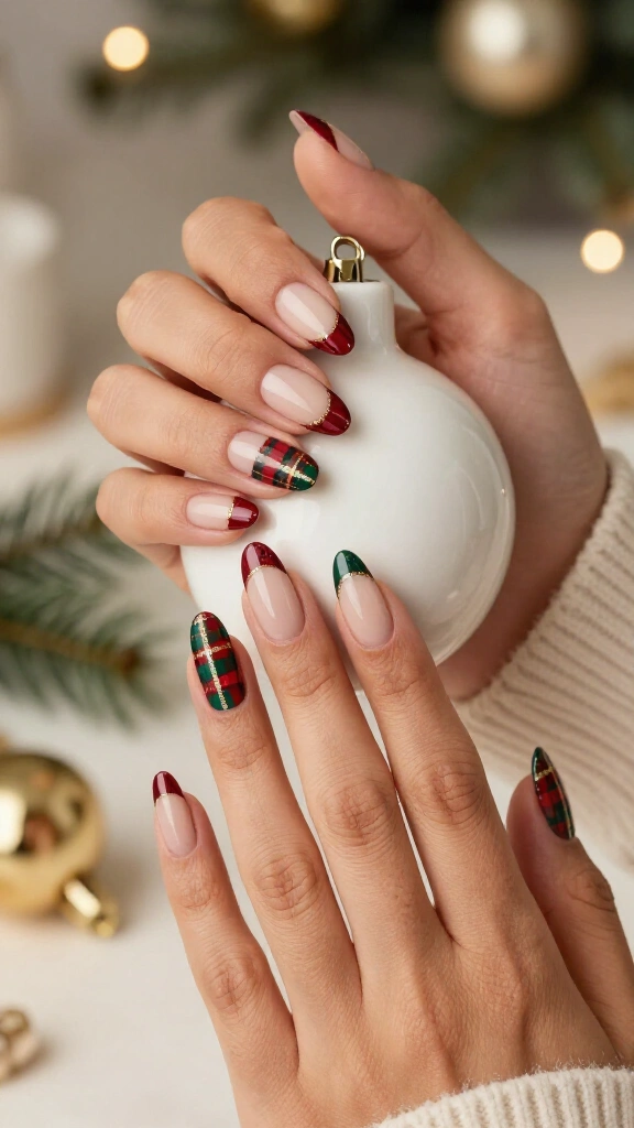 Christmas plaid French tips