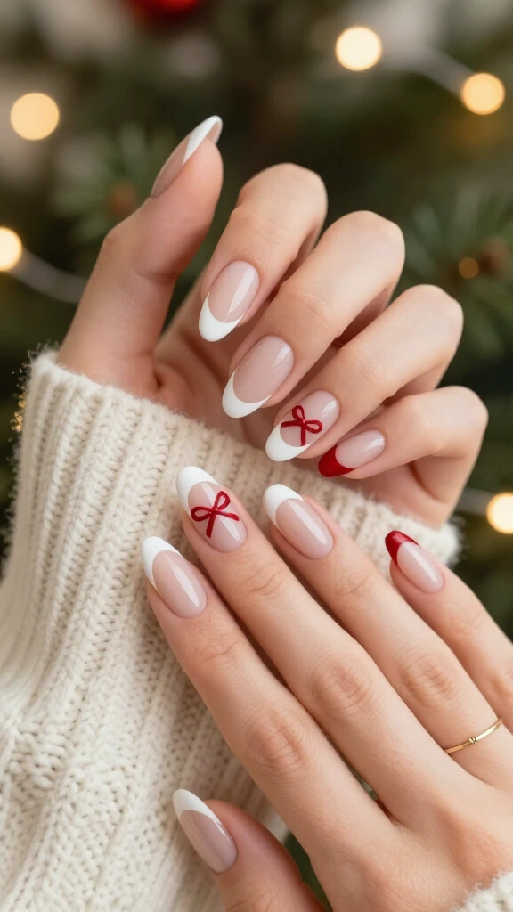 Nude French nails with red bows