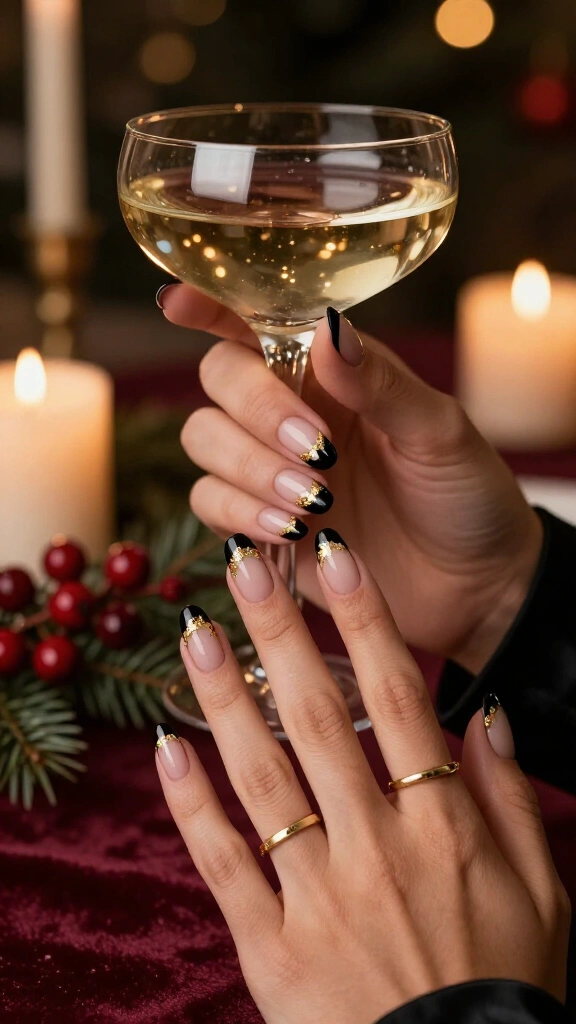 Black French tips with gold foil