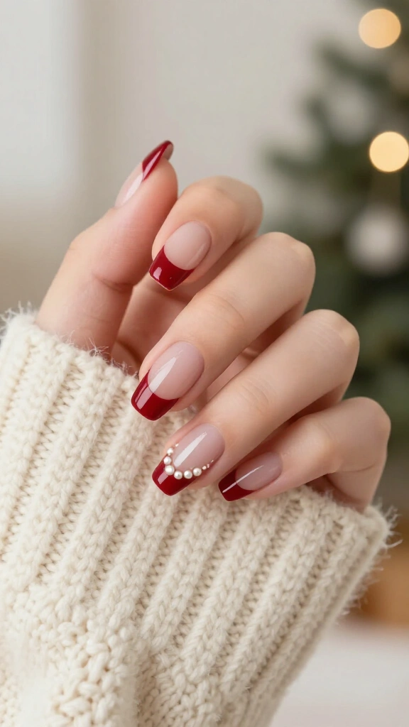 Cranberry French tips with tiny pearls
