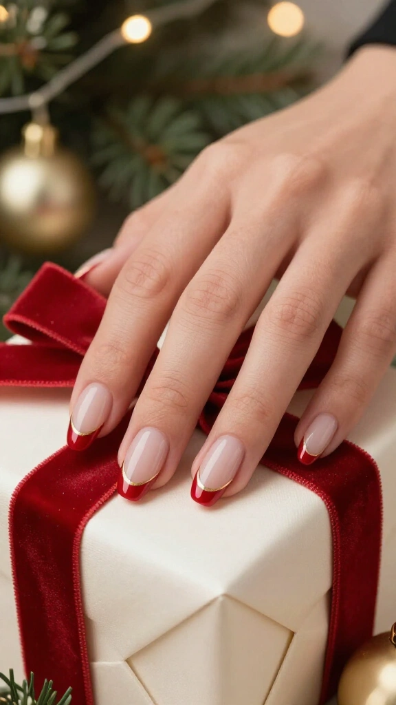 Red French tips with a gold ribbon line