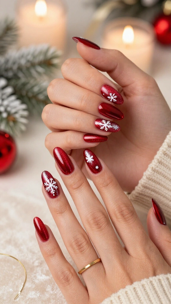 Red Cat-Eye Magnetic Polish with Stenciled Snowflakes