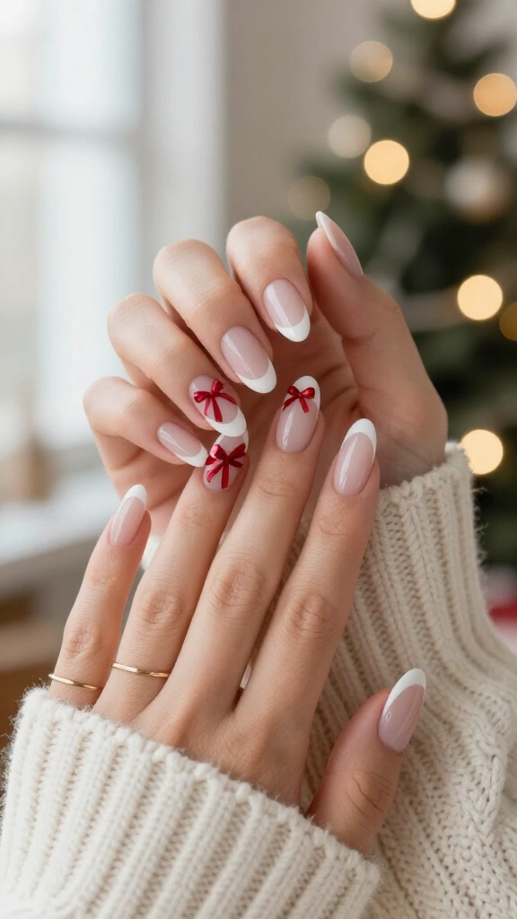 Classic French Manicure with Ruby Red Bows