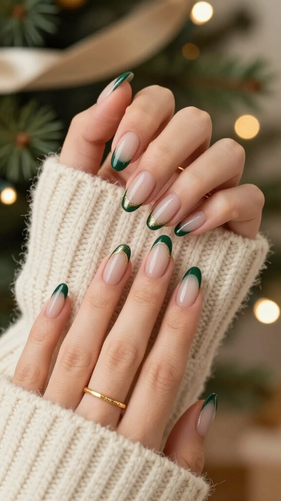 Dark green French tips with gold edges
