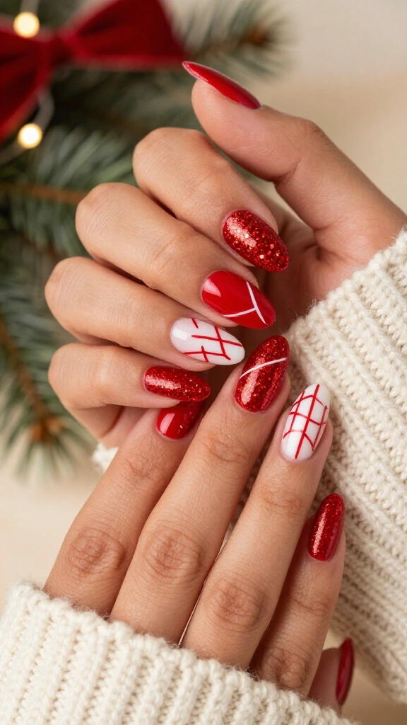 Dual-Finish Red Glitter with Crisp White Line Art