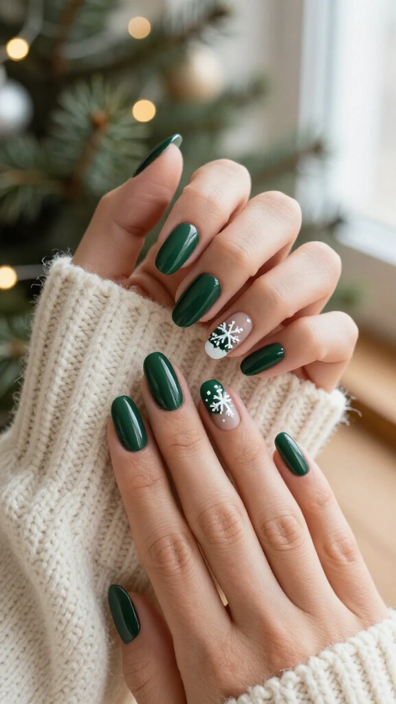 Forest green nails with tiny snowflakes