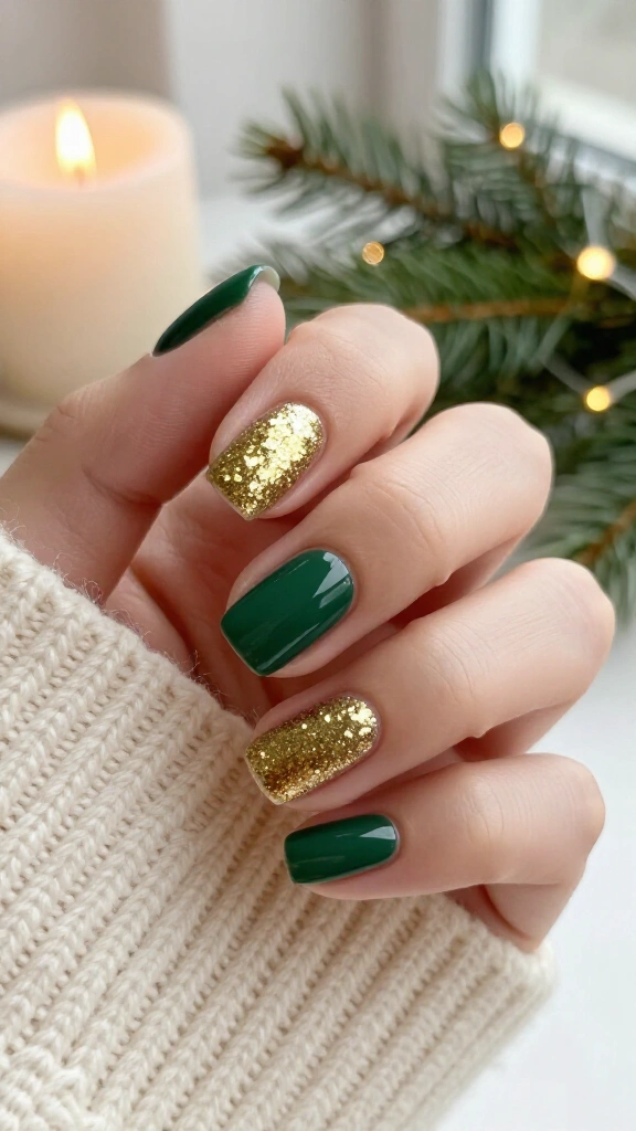Green and gold glitter accent nails