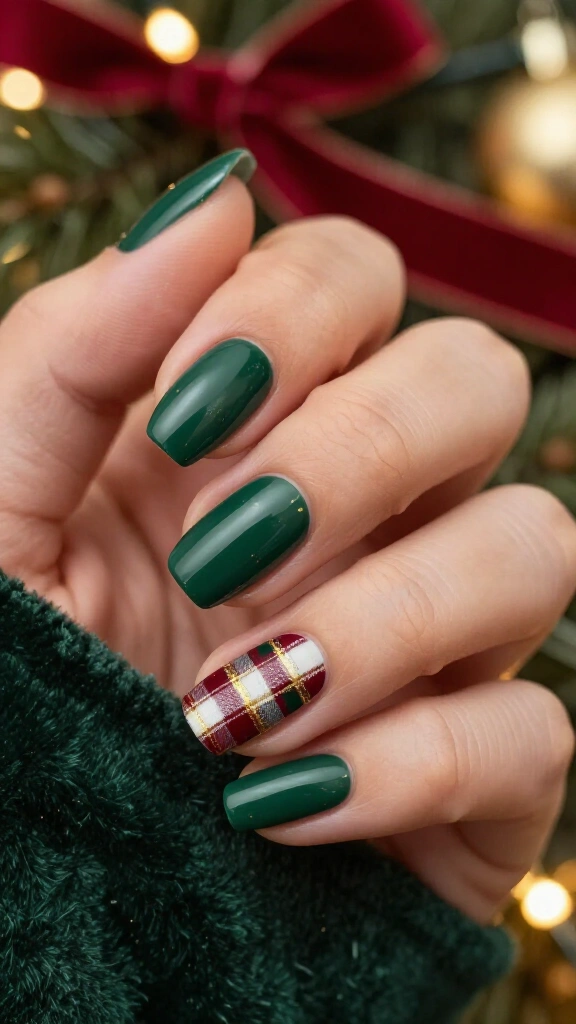 Dark green plaid nails