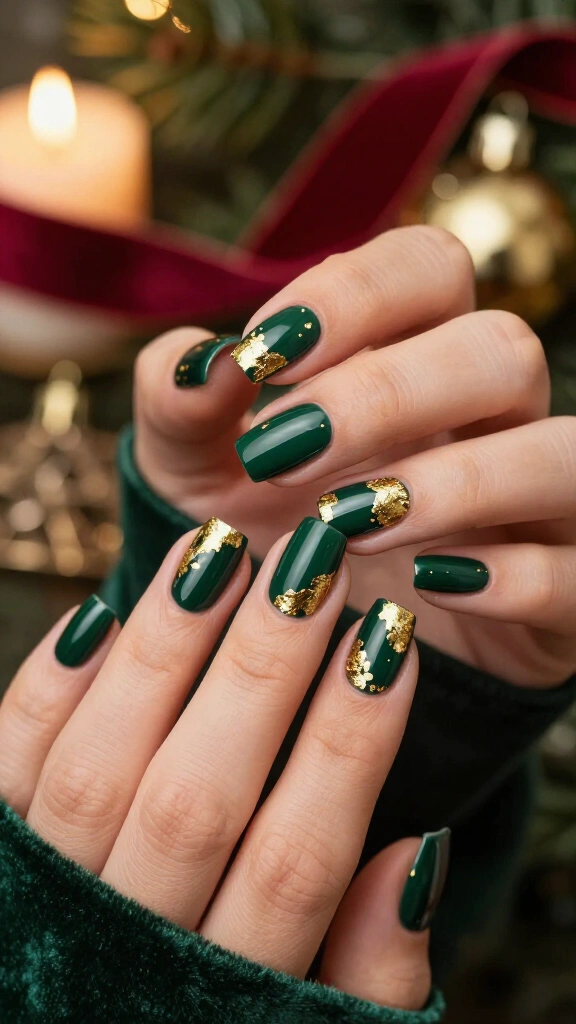 Evergreen nails with gold foil