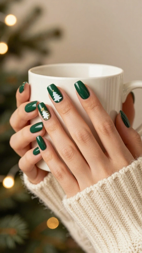 Dark green nails with white Christmas trees