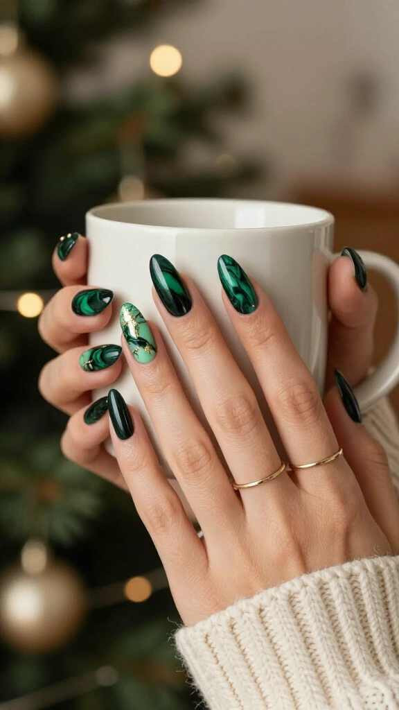 Green marble nails with gold veins