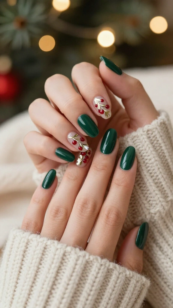 Deep green nails with red berries