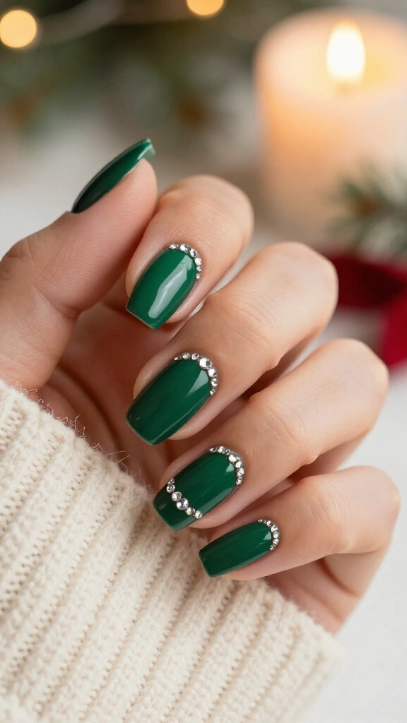 Dark green nails with rhinestone cuticles