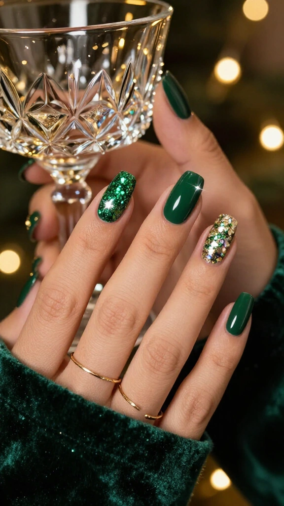 Green tinsel glitter nails