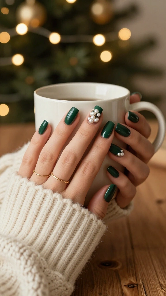 Evergreen nails with pearl details