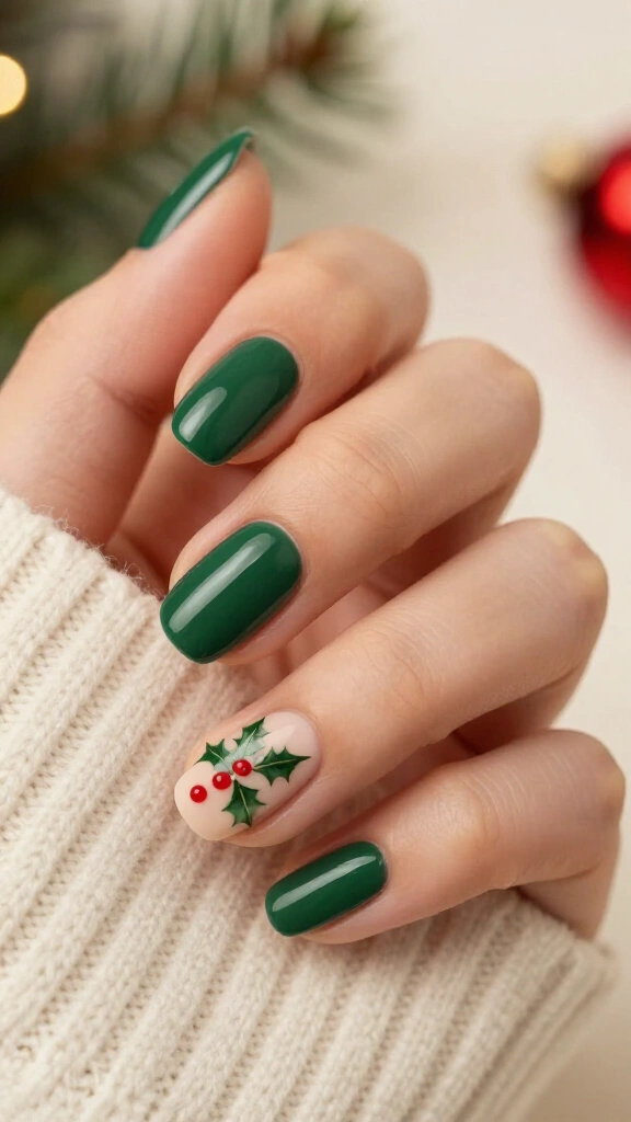 Dark green holly leaf nail art