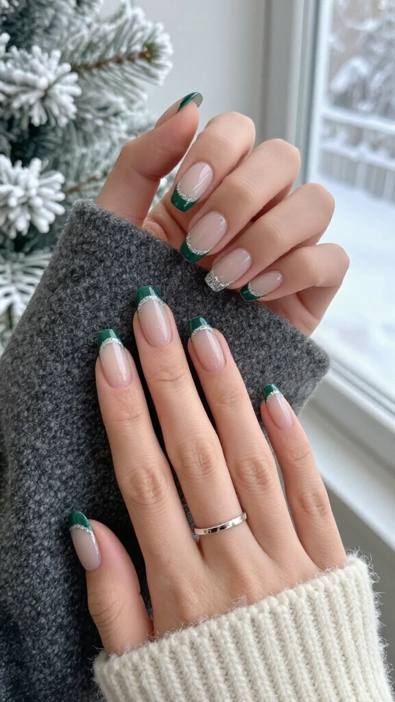 Green French manicure with silver glitter
