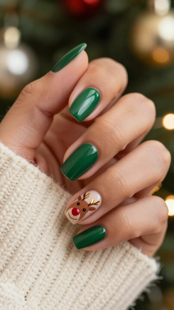 Dark green reindeer accent nails