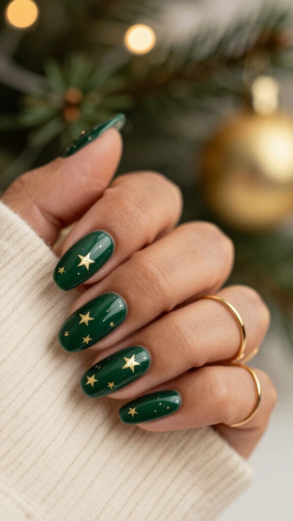 Green nails with minimal gold stars
