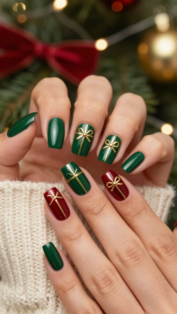 Dark green gift wrap nails