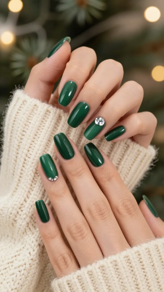 Glossy dark green nails with a single crystal accent