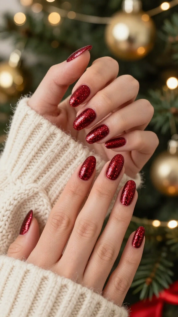 Classic red glitter Christmas nails