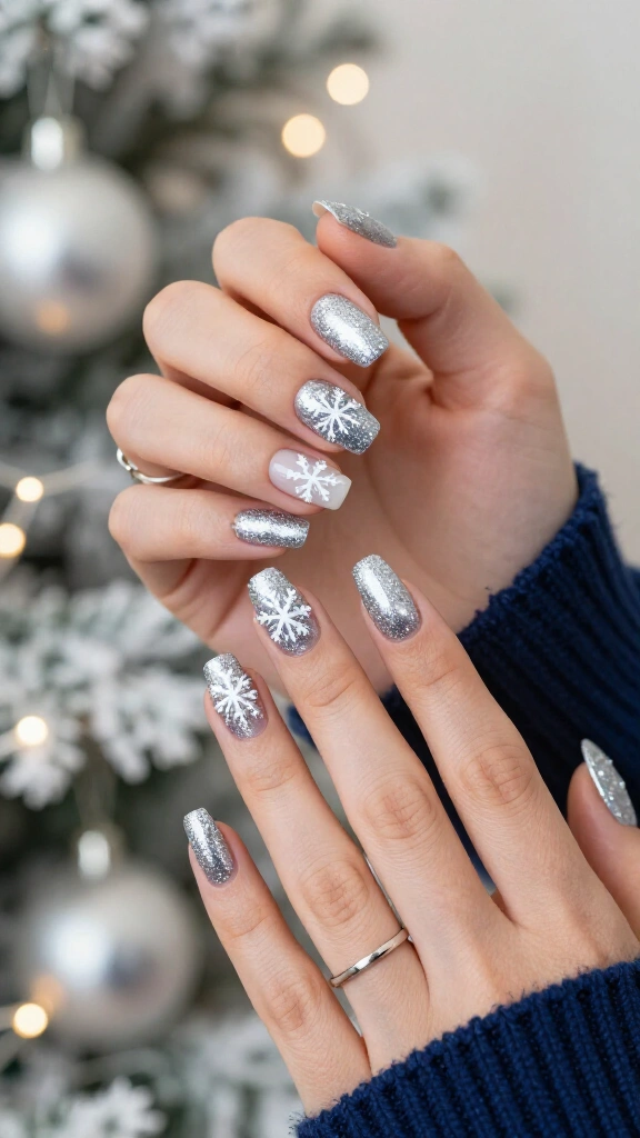 Silver snowflake sparkle nails