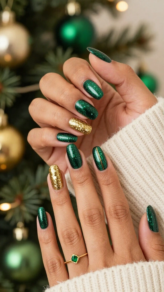 Emerald green and gold sparkle nails