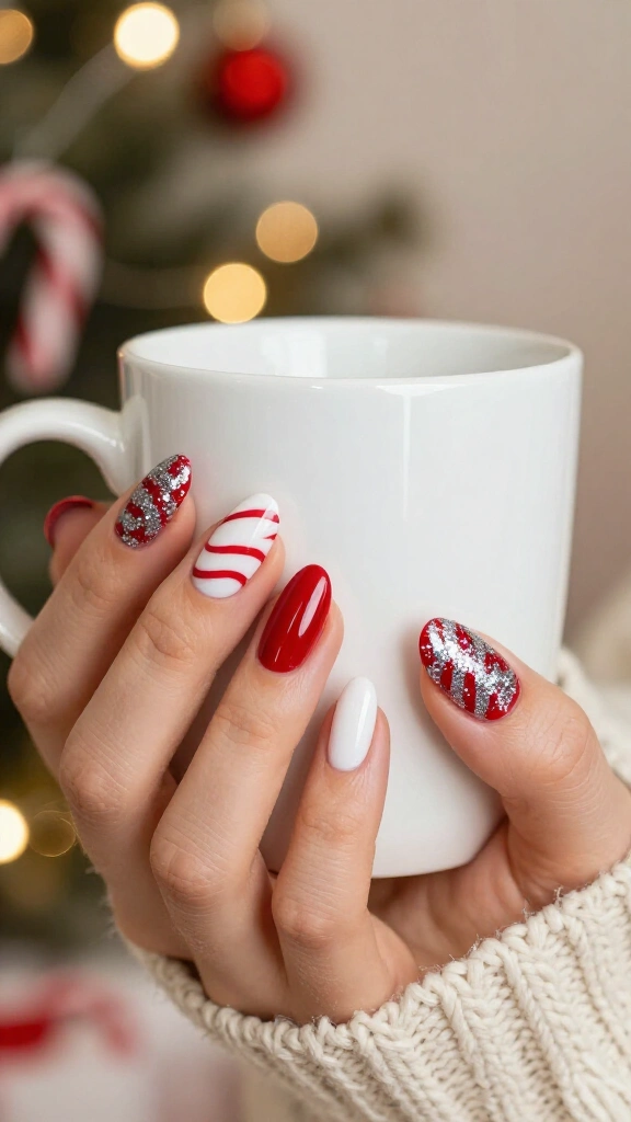 Candy cane glitter swirl nails