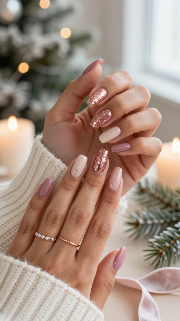 Rose gold Christmas sparkle nails