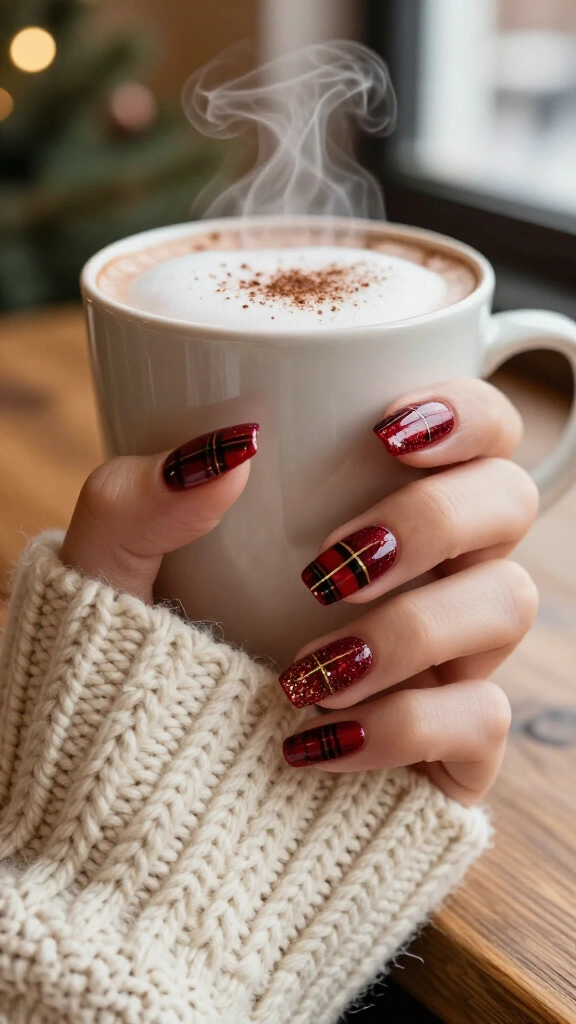 Glittery red plaid nails