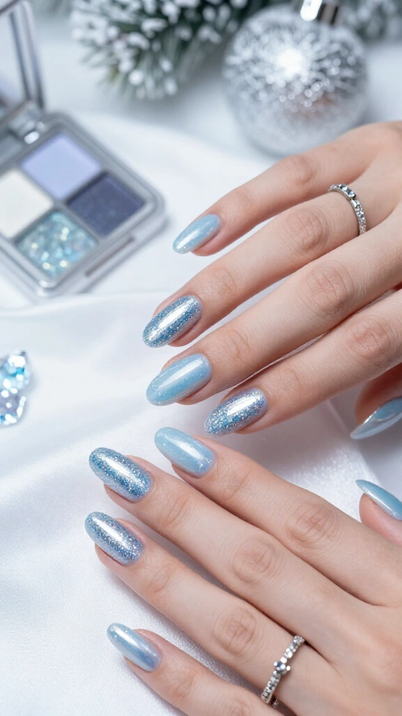 Icy blue chrome glitter nails