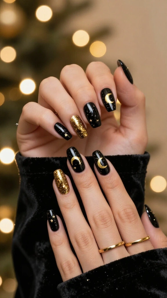 Black and gold starry Christmas nails