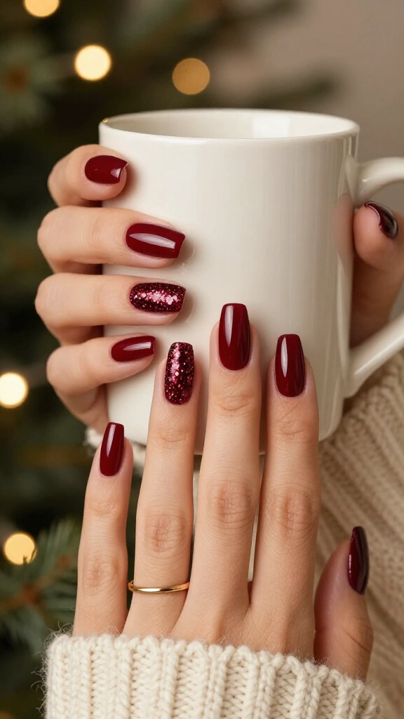 Burgundy glitter accent nails