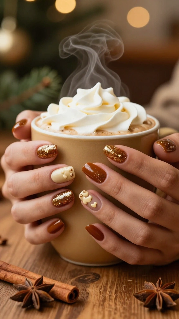 Gingerbread latte glitter nails