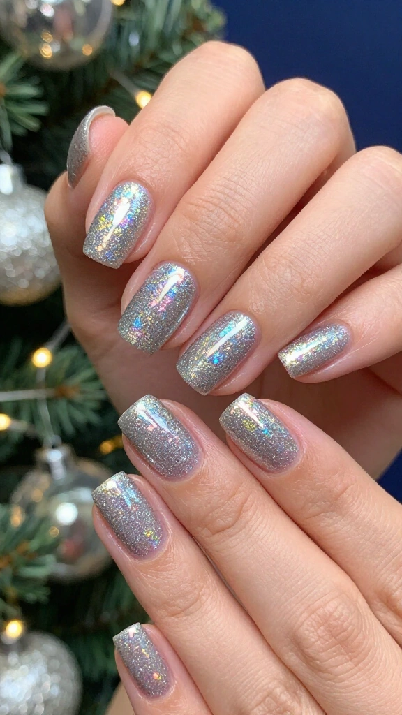 Holographic silver Christmas nails