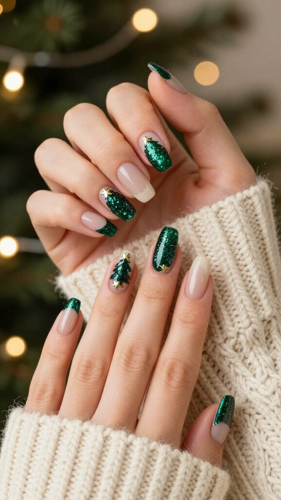 Green glitter Christmas tree nails