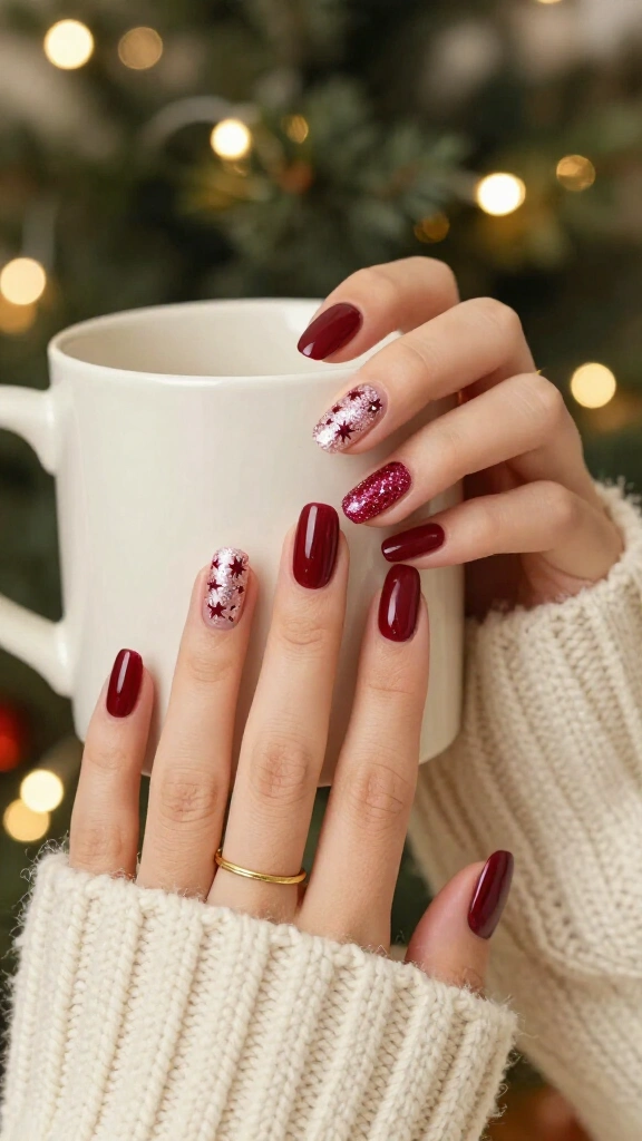 Cranberry and pink glitter nails