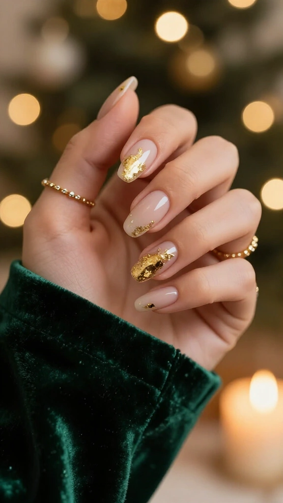 Gold foil and glitter nude nails
