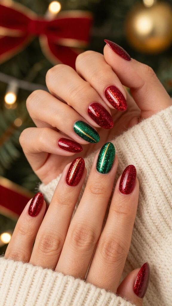 Red and green glitter split nails