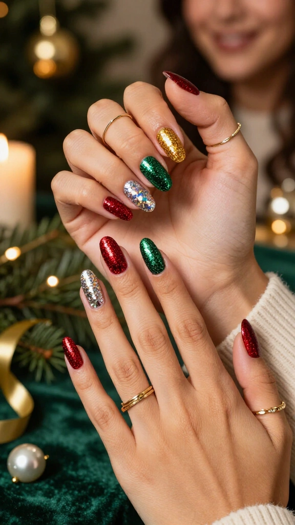 Full glitter Christmas disco nails