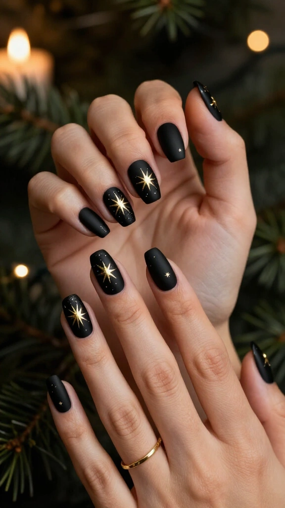 Matte black nails with gold starbursts