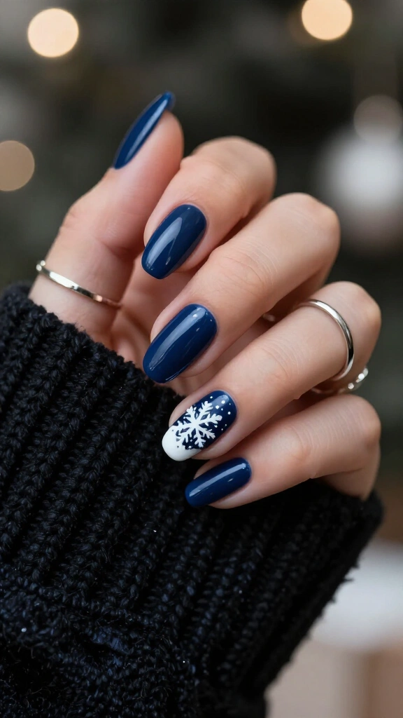 Midnight blue snowflake nails